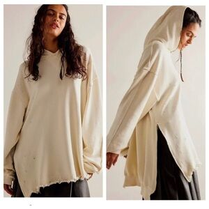 NWT! Free People Everyday Hoodie Sweatshirt Oversize Distress Harbor Fog Ivory